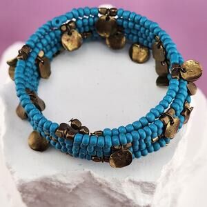 Turquoise Blue Seed Bead Wrap Bracelet Gold Tone Coin Charms Boho Statement